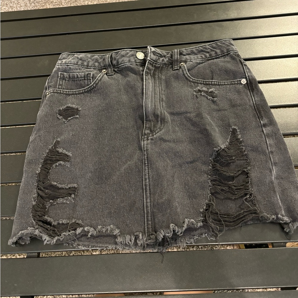 Distressed denim mini skirt black